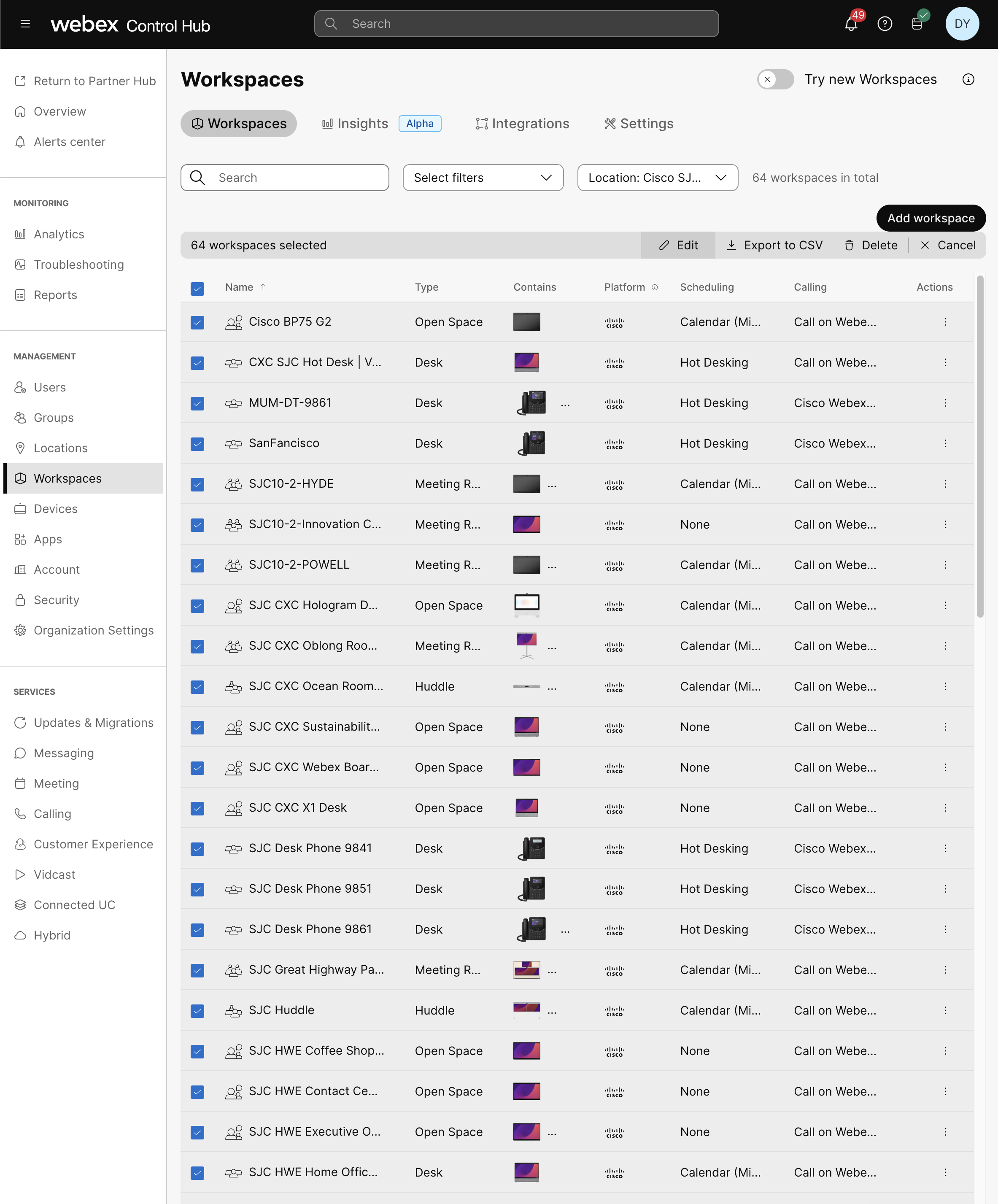 Webex Control Hub - Workspaces List View
